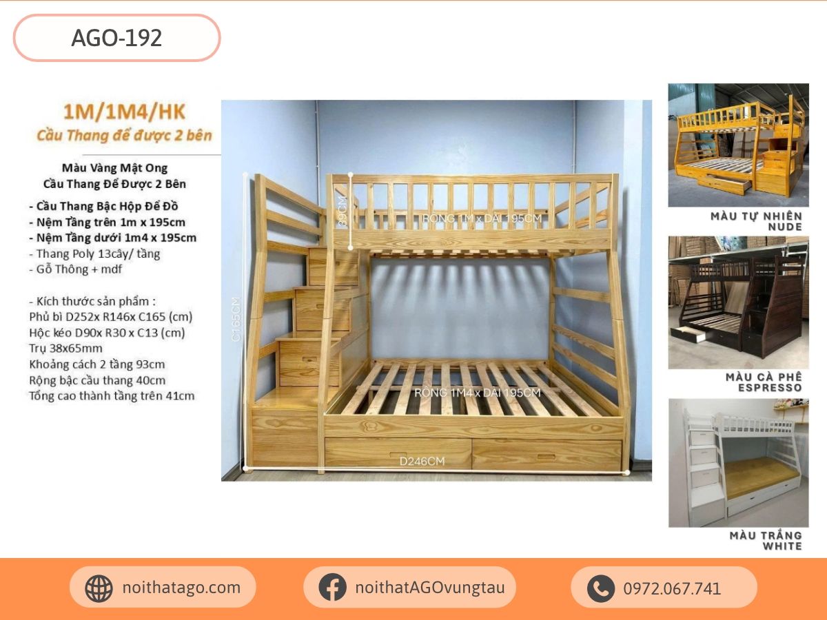 Giường tầng gỗ thông | AGO-192 (1m00/1m40)