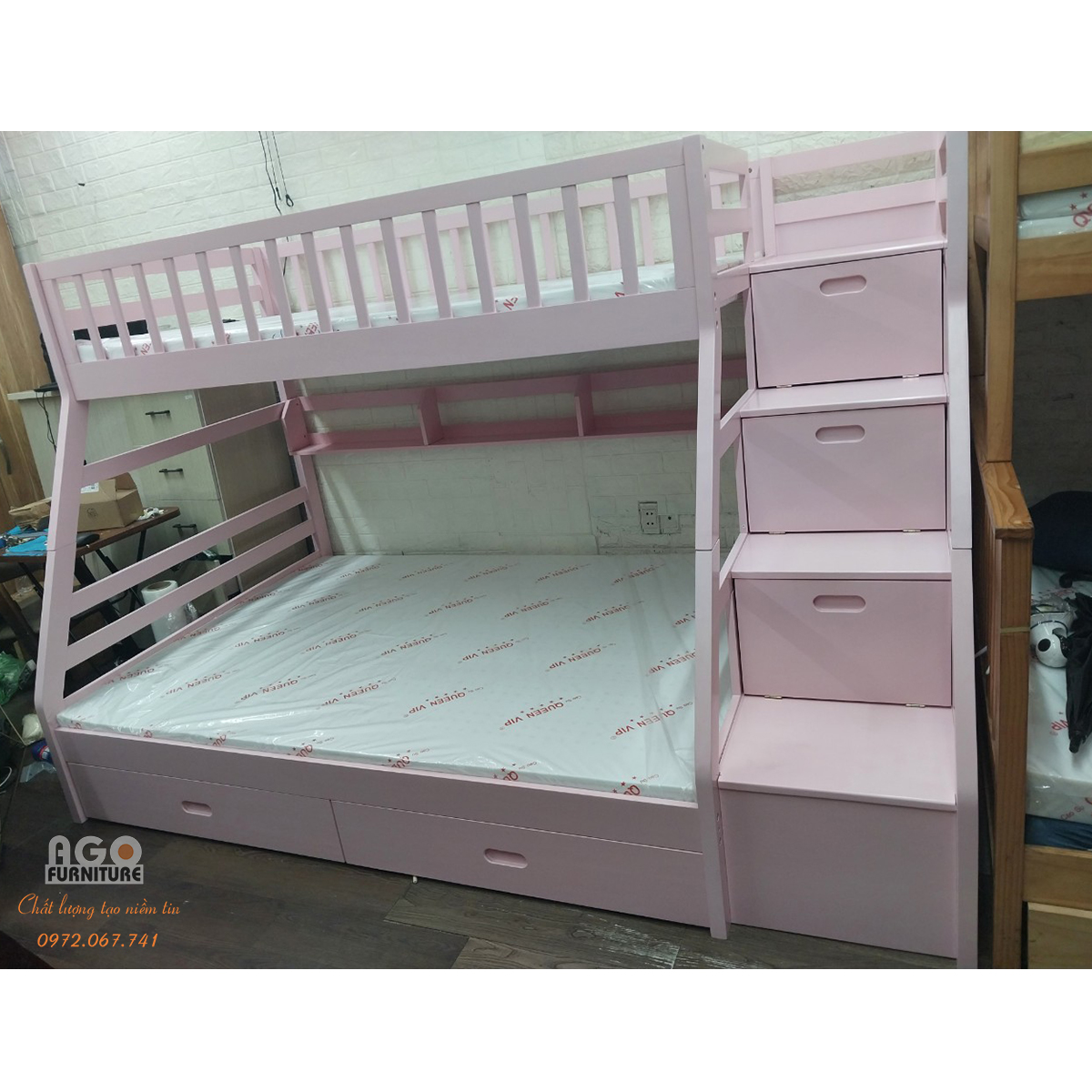 Giường tầng gỗ thông AGO-193 (1m0/1m40)