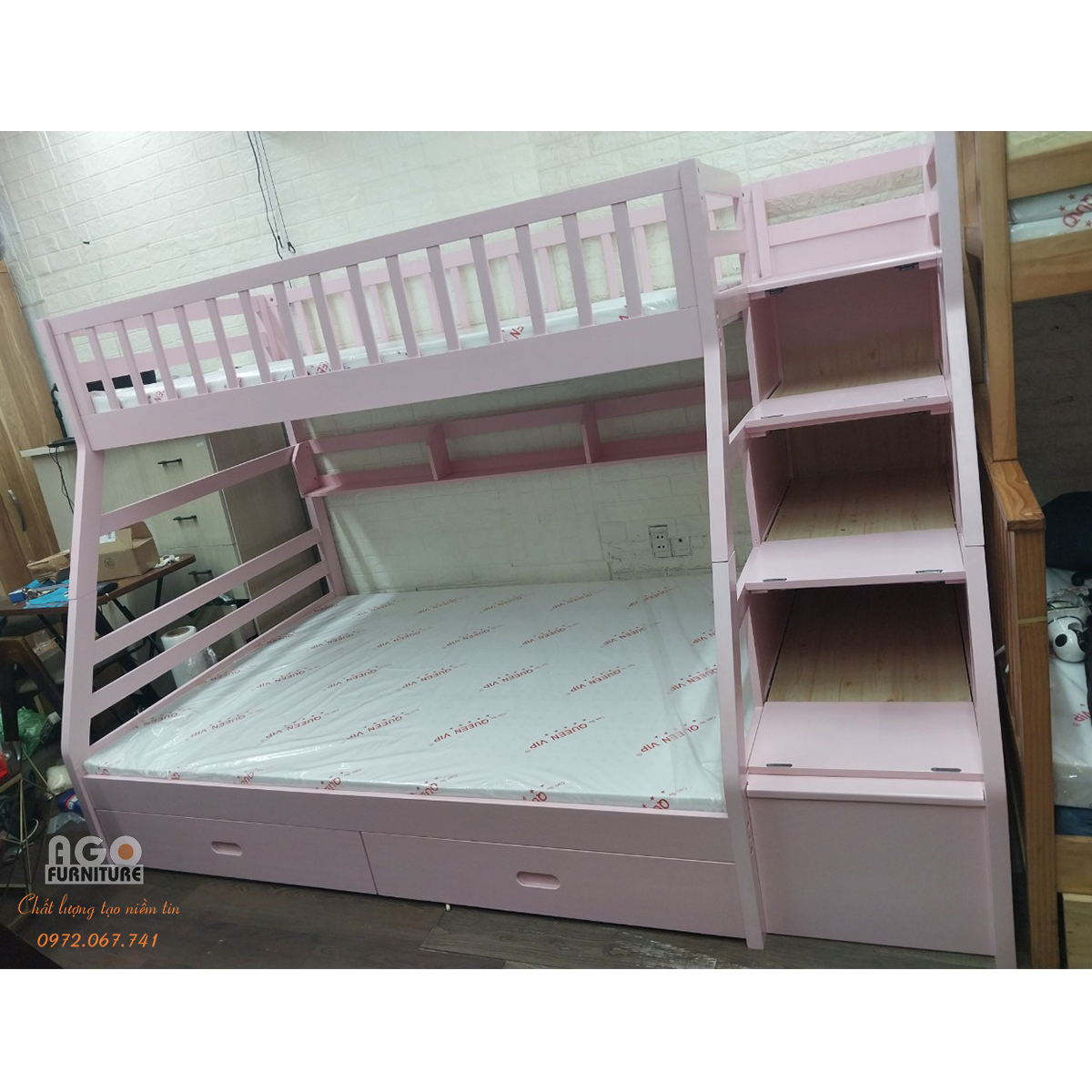 Giường tầng gỗ thông AGO-193 (1m0/1m40)