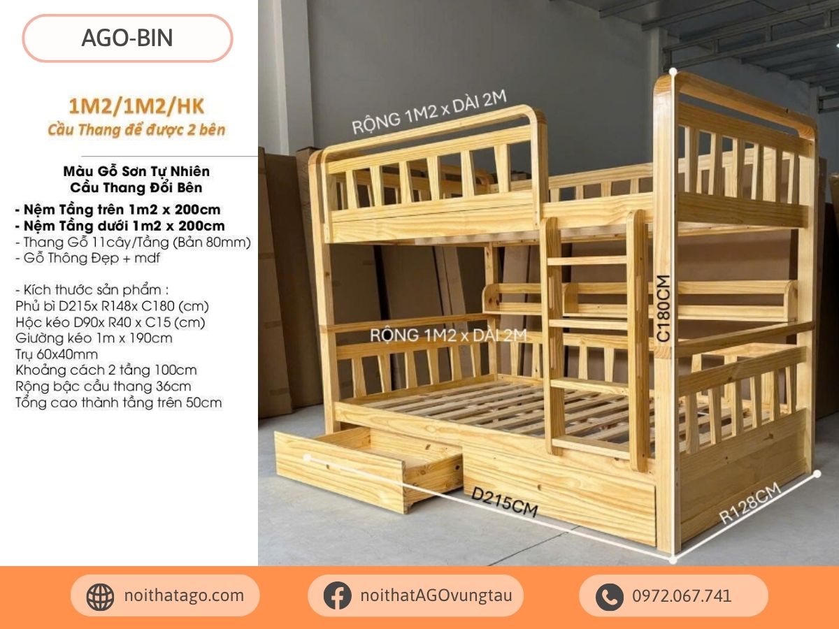 Giường tầng gỗ thông cao cấp | AGO-BIN22