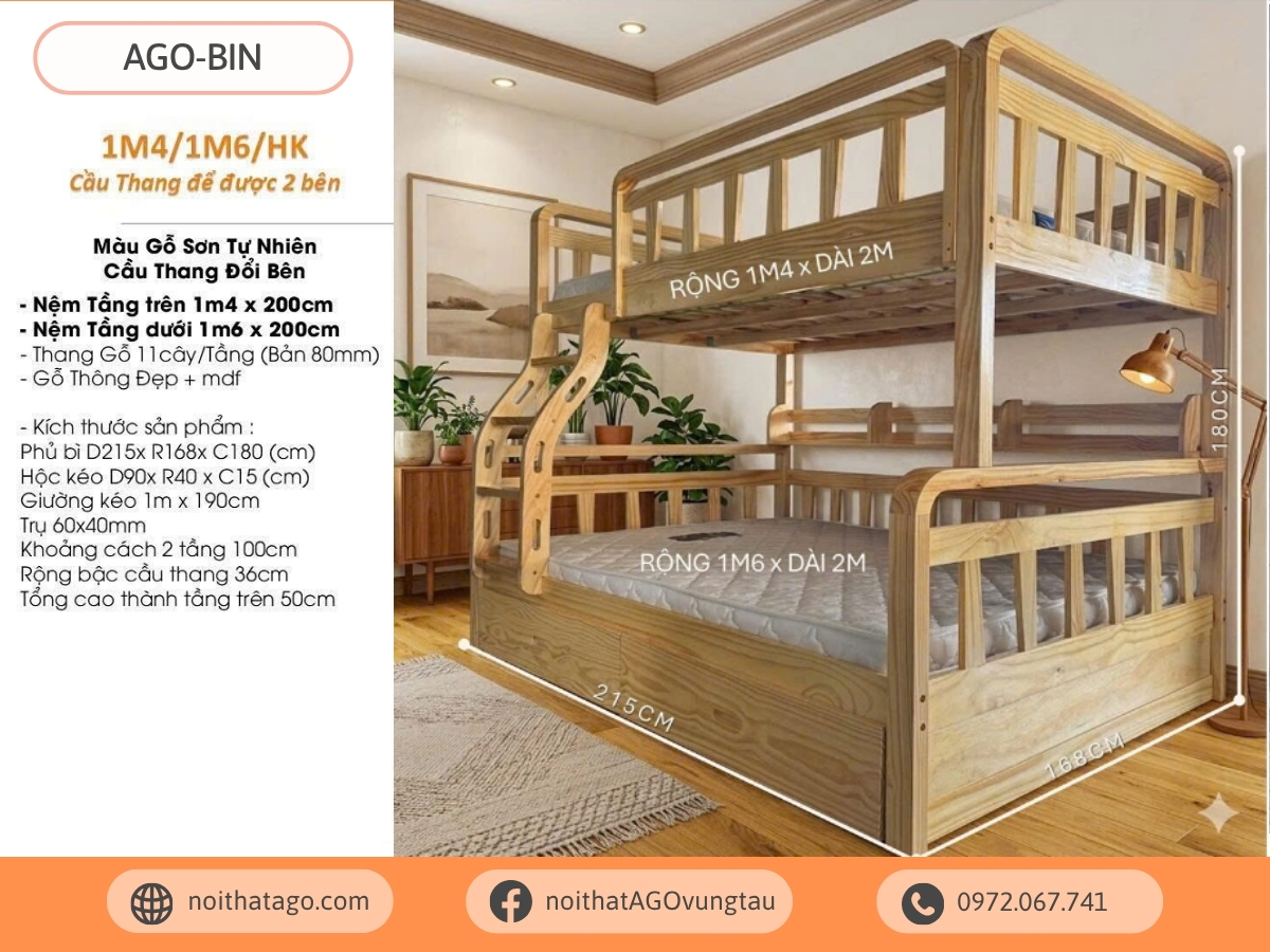 Giường tầng gỗ thông cao cấp | AGO-BIN46