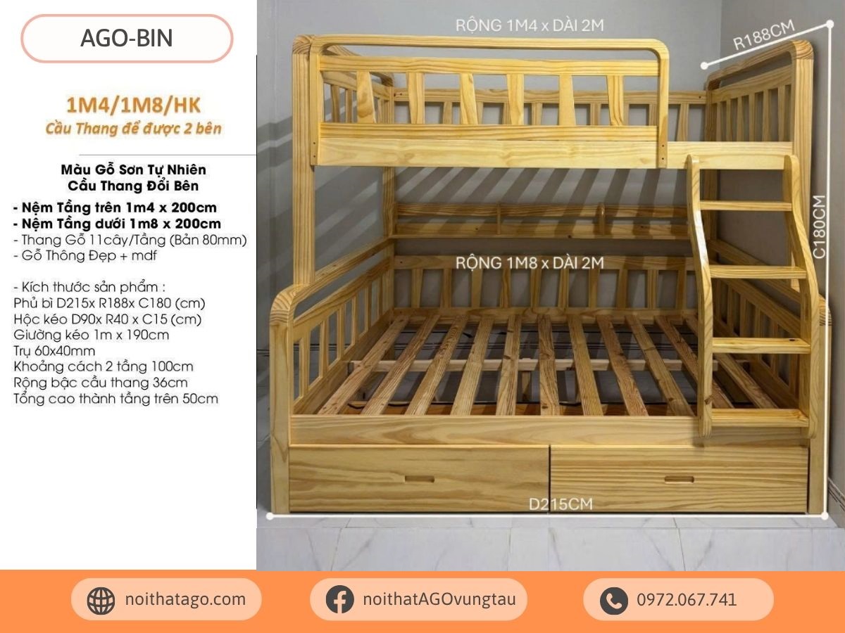 Giường tầng gỗ thông cao cấp | AGO-BIN48