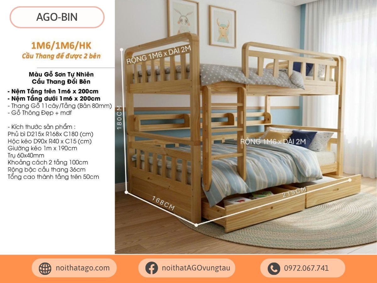 Giường tầng gỗ thông cao cấp | AGO-BIN66