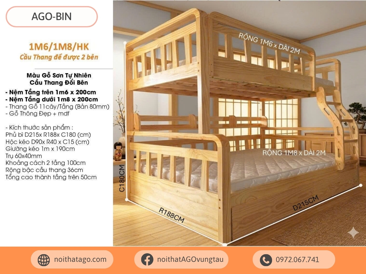 Giường tầng gỗ thông cao cấp | AGO-BIN68