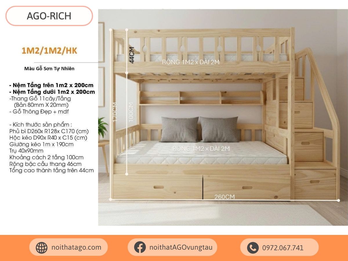 Giường tầng gỗ thông cao cấp | AGO-RICH22