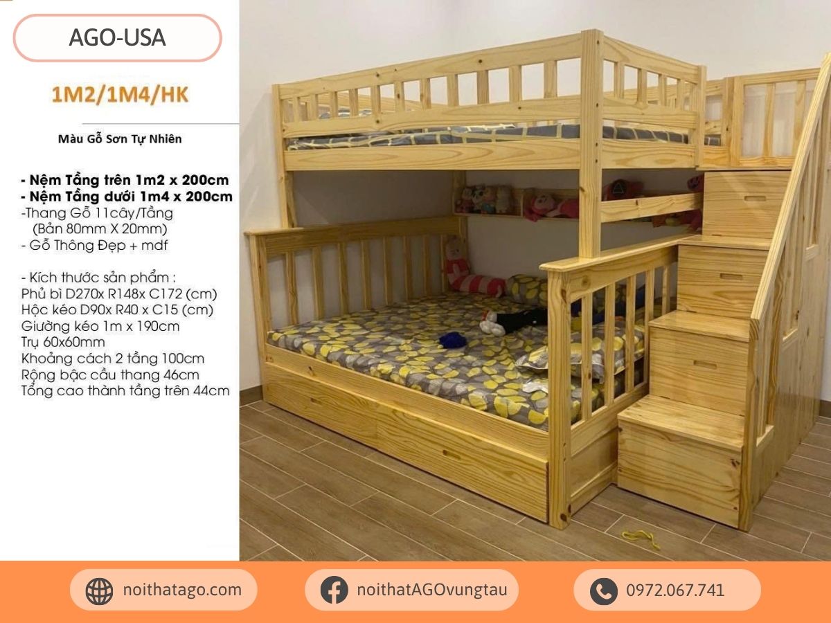 Giường tầng gỗ thông cao cấp | AGO-USA24
