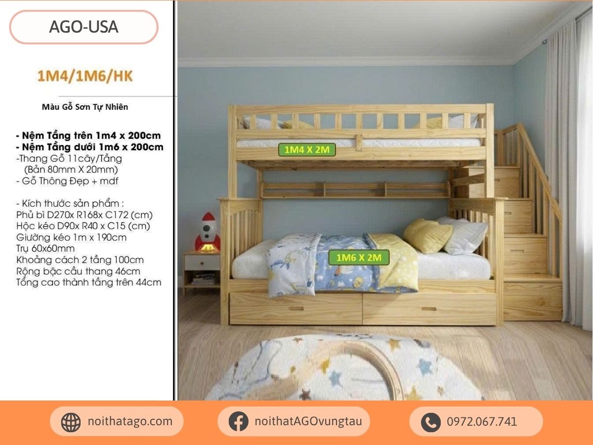 Giường tầng gỗ thông cao cấp | AGO-USA46