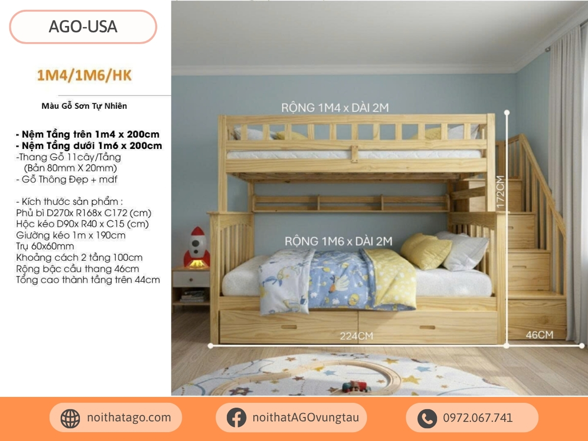 Giường tầng gỗ thông cao cấp | AGO-USA46
