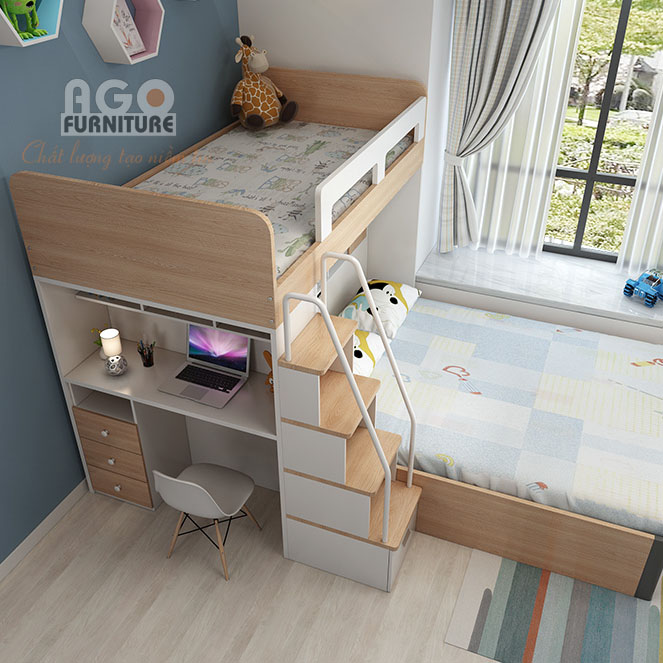 Giường tầng hiện đại có bố trí bàn học | AGO-KID-GT22