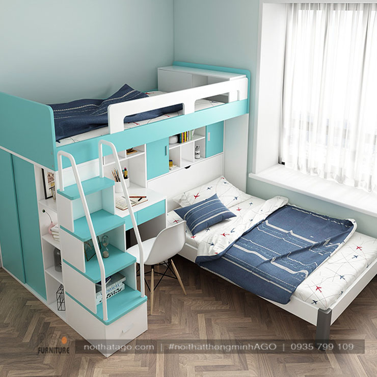 Giường tầng hiện đại có bố trí góc học tập cho bé | AGO-KID-GT29