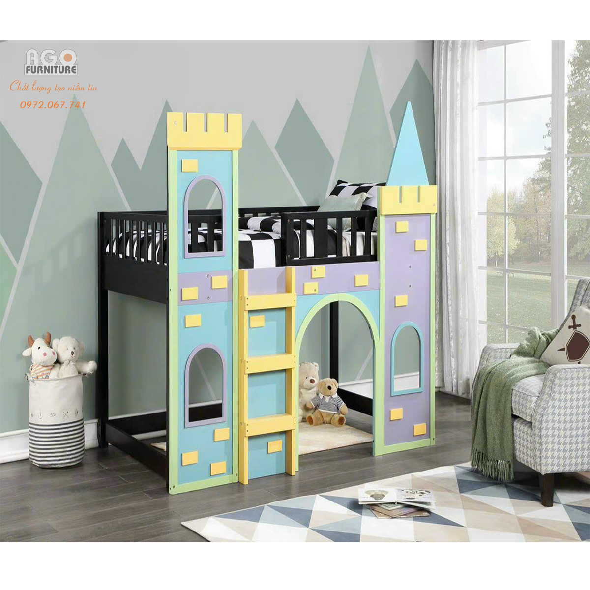 Giường tầng hình lâu đài cho phòng bé gái | AGT-02CS