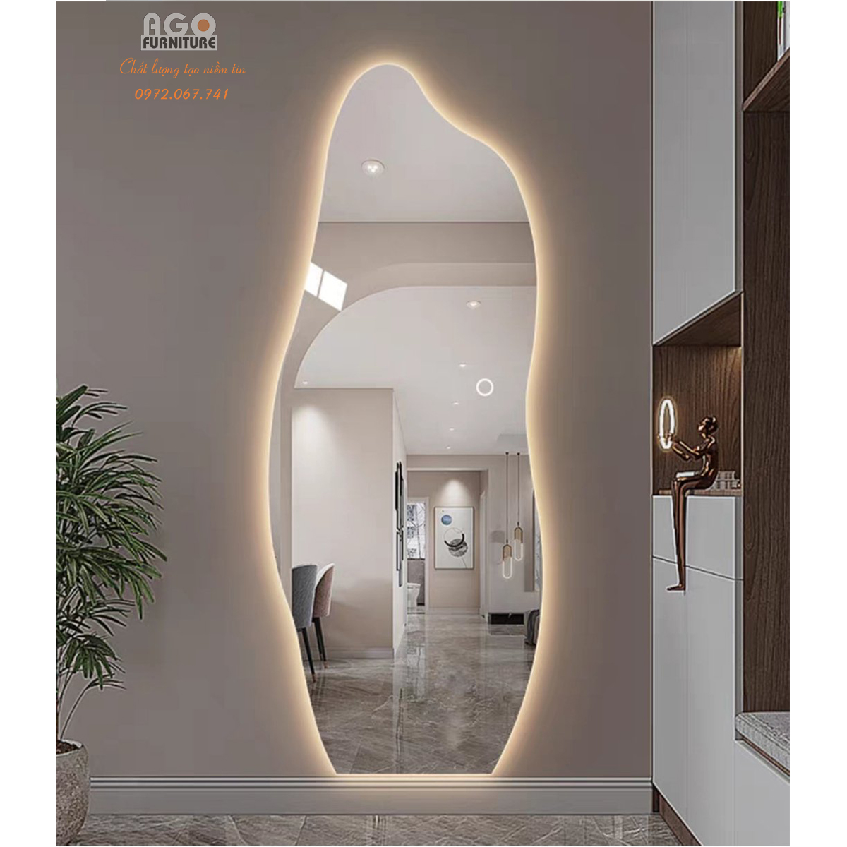 Gương toàn thân hình hạt đậu cảm ứng led decor cao cấp | AGTT-010