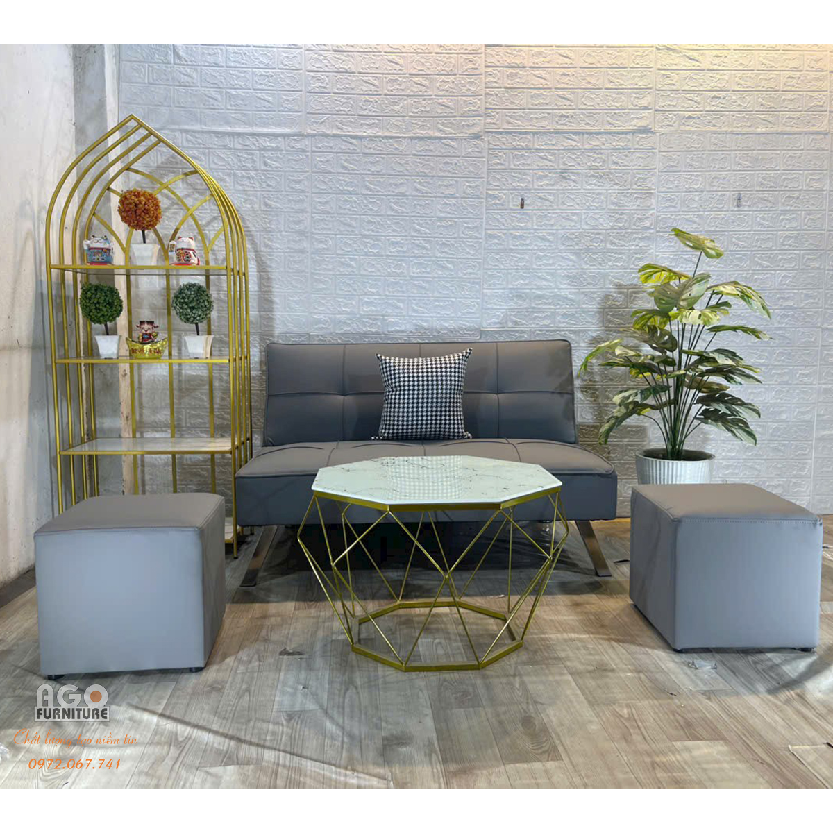 Sofa bed 120 kết hợp bàn trà kim cương | Ghi da